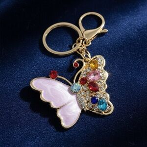 Elegant Gold Butterfly Keychain with Multicolor Gems